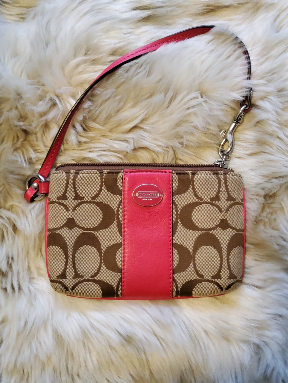 Coach Signature Canvas Wristlet in Brown and Pink